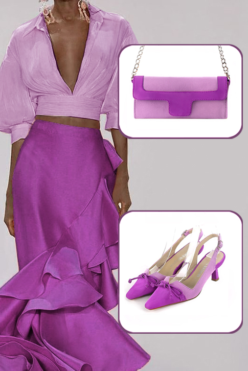 Women's mauve purple elegant slingback heels, with a bow on the front. Tapered toe. Medium spool heels - Worn view